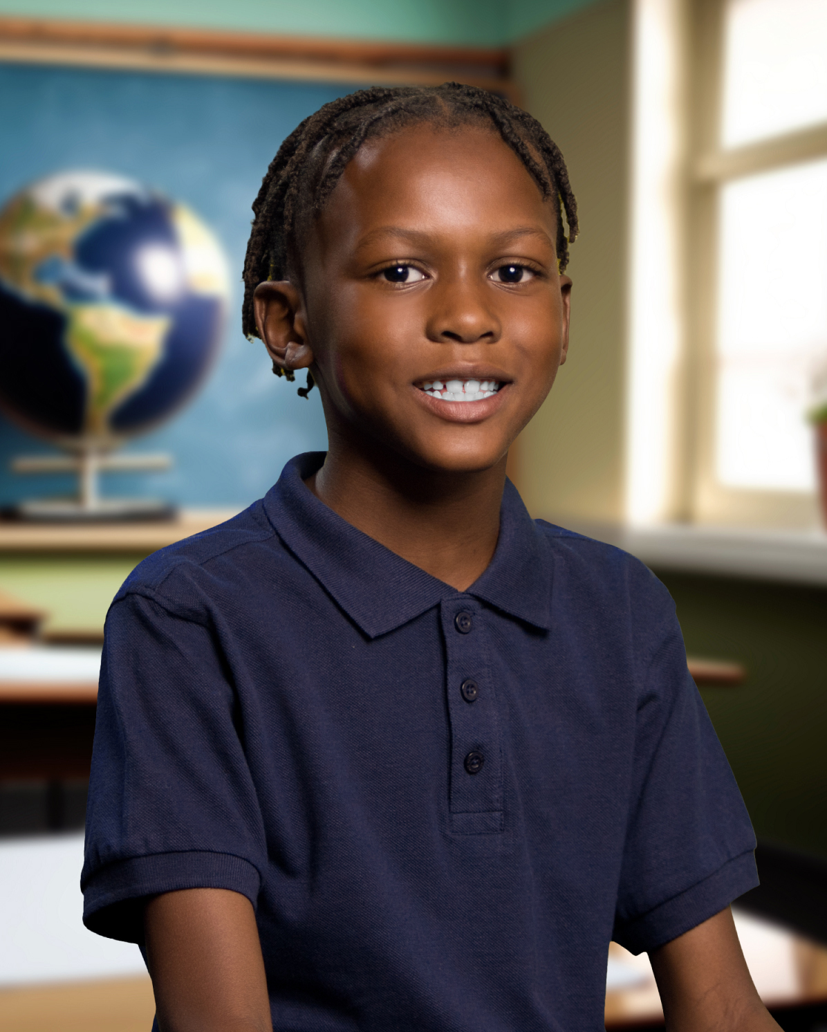 After: school portrait with a classroom background